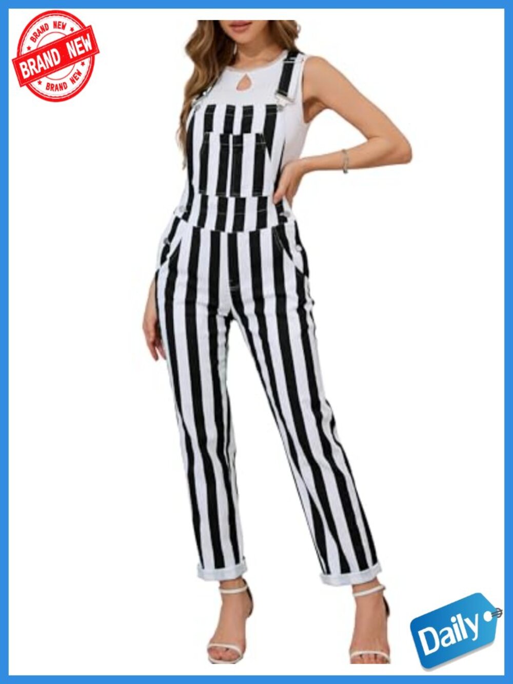 Women's Stretchy Striped Overalls Adjustable Straps Pockets